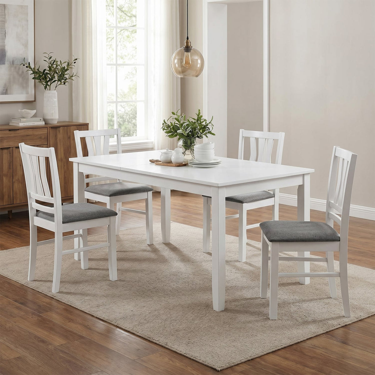 Set of 4 Linen Style Upholstered Kitchen Chairs with Wood Frames-White-Dining Chairs-DECOROLALA