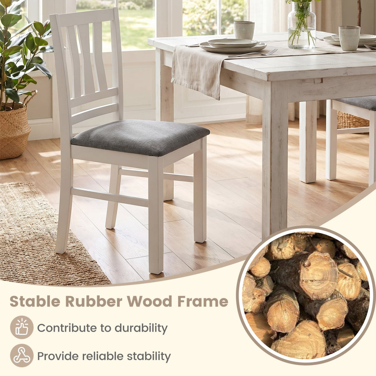 Set of 4 Linen Style Upholstered Kitchen Chairs with Wood Frames-White-Dining Chairs-DECOROLALA