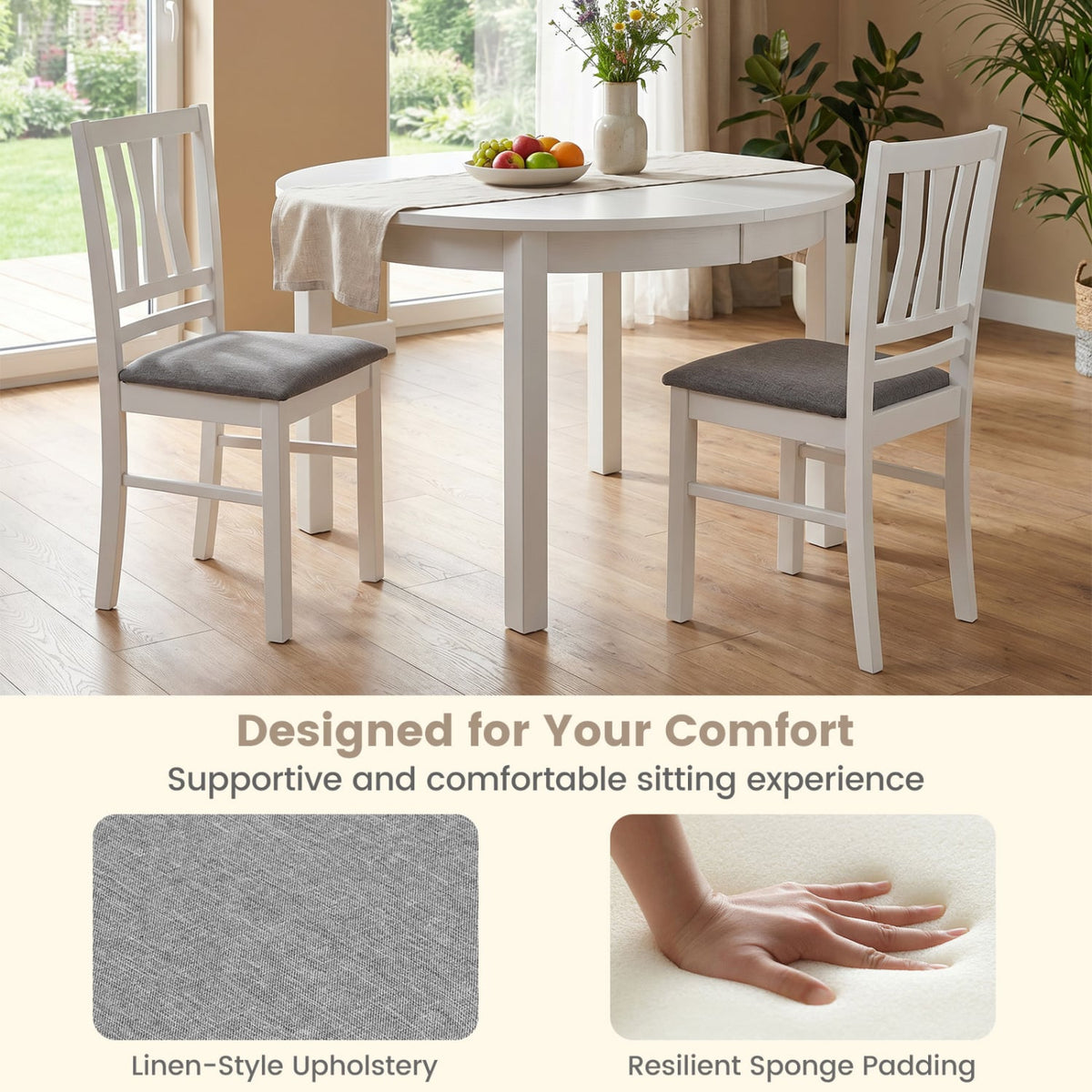 Set of 4 Linen Style Upholstered Kitchen Chairs with Wood Frames-White-Dining Chairs-DECOROLALA