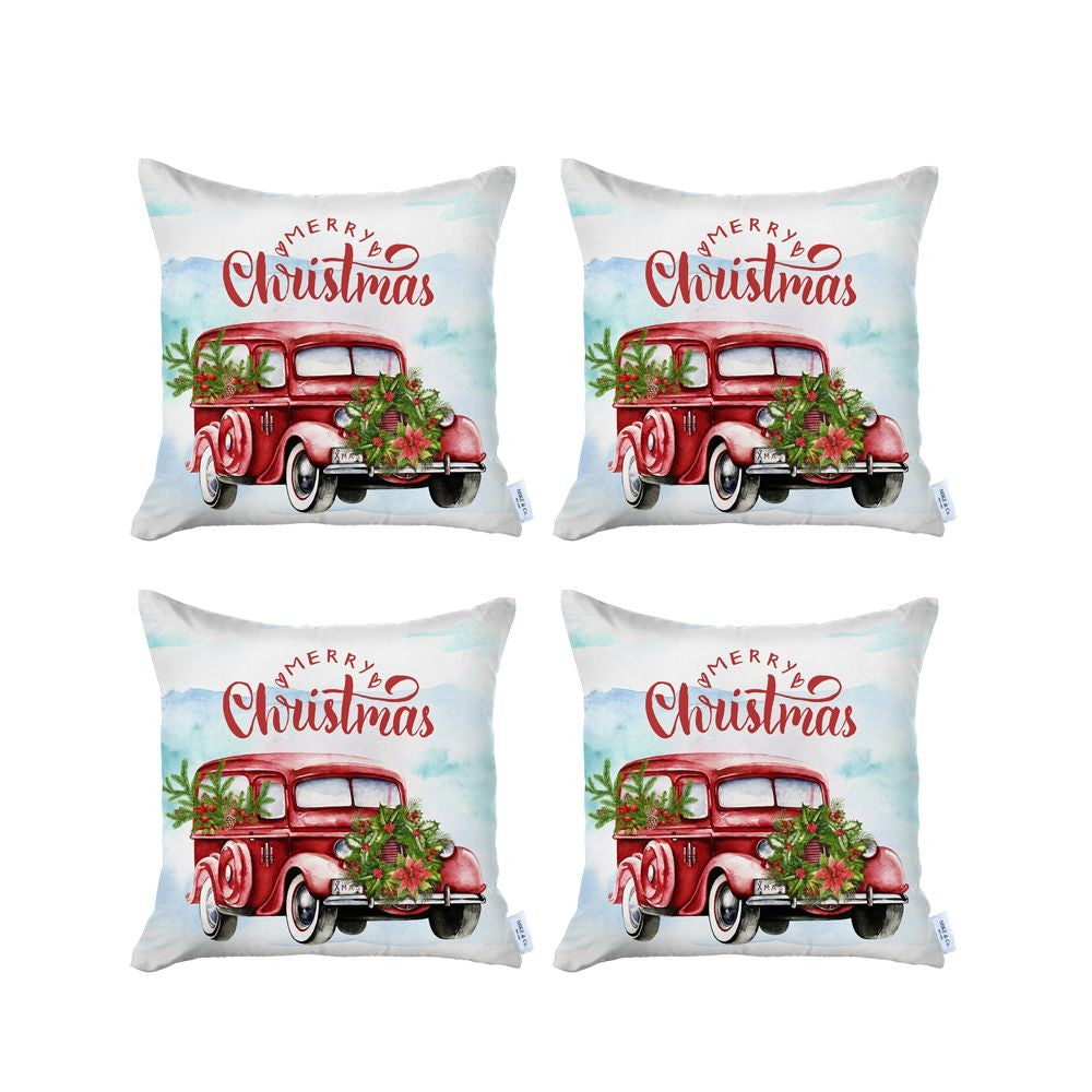 Set of 4 Merry Christmas Vintage Red Car Thow Pillow Covers-Accent Throw Pillows-DECOROLALA