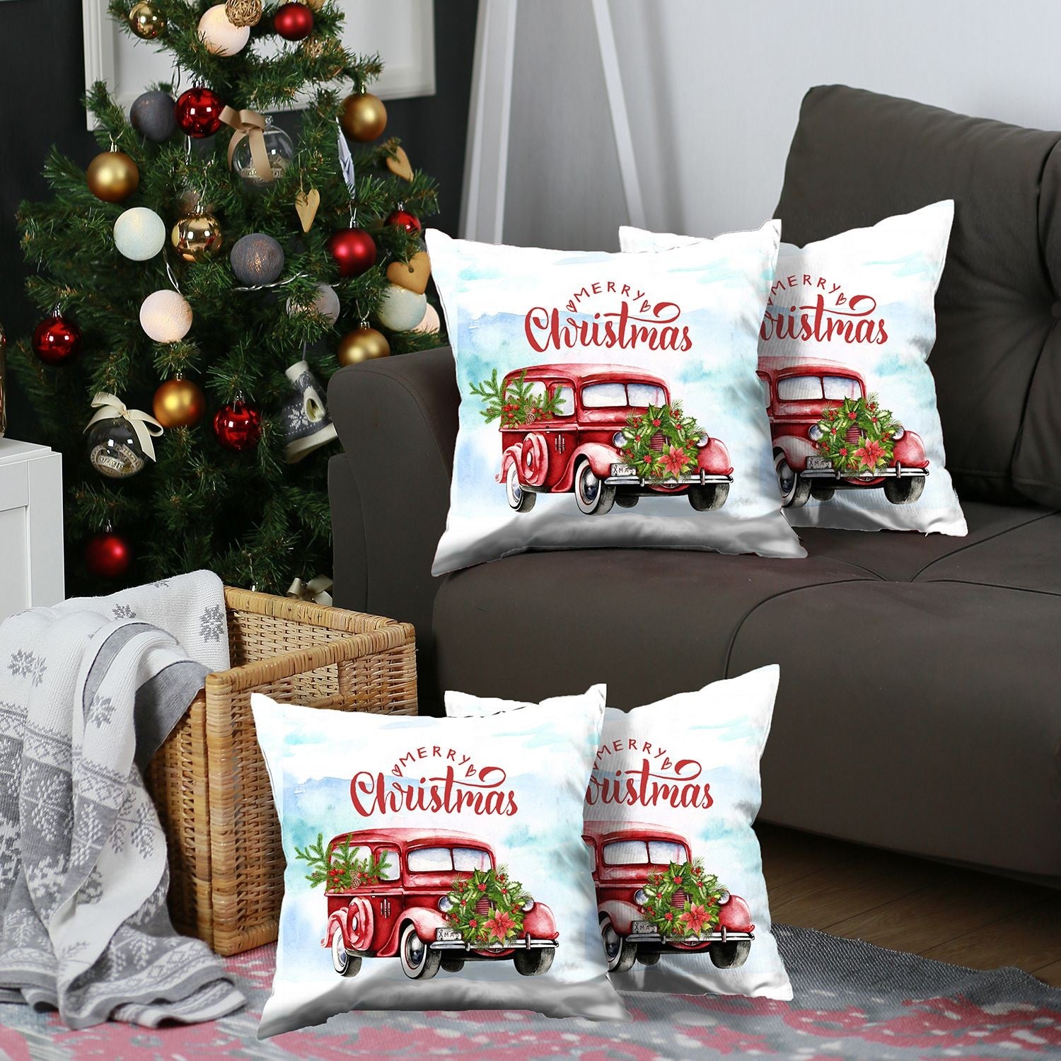 Set of 4 Merry Christmas Vintage Red Car Thow Pillow Covers-Accent Throw Pillows-DECOROLALA
