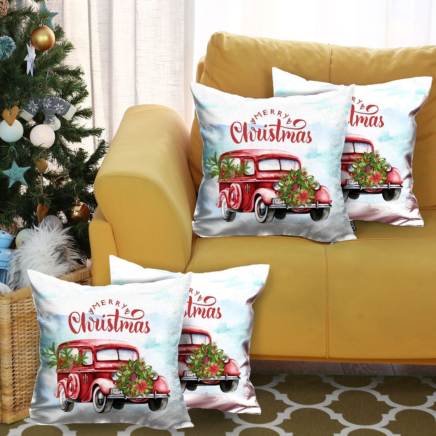 Set of 4 Merry Christmas Vintage Red Car Thow Pillow Covers-Accent Throw Pillows-DECOROLALA