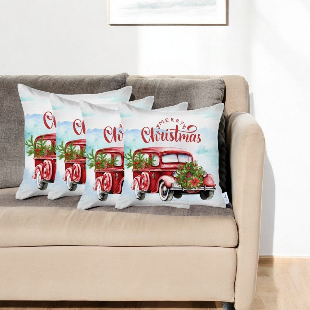 Set of 4 Merry Christmas Vintage Red Car Thow Pillow Covers-Accent Throw Pillows-DECOROLALA