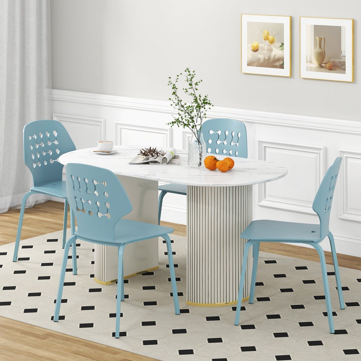 Set of 4 Metal Dining Chair with Hollowed Backrest and Metal Legs-Blue-Dining Chairs-DECOROLALA