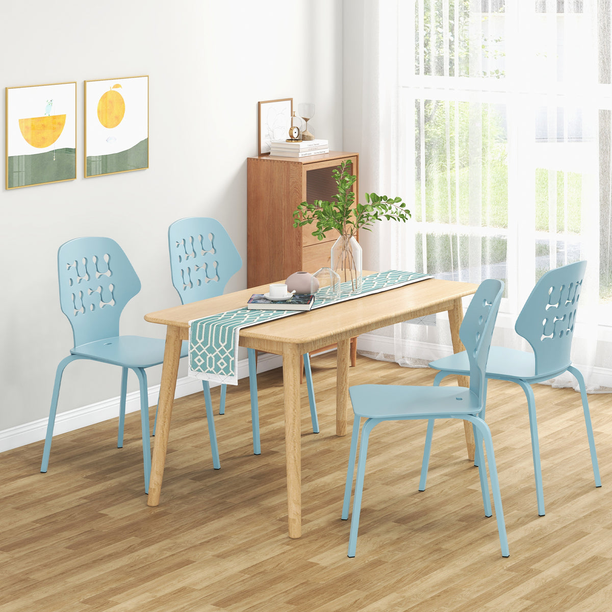 Set of 4 Metal Dining Chair with Hollowed Backrest and Metal Legs-Blue-Dining Chairs-DECOROLALA
