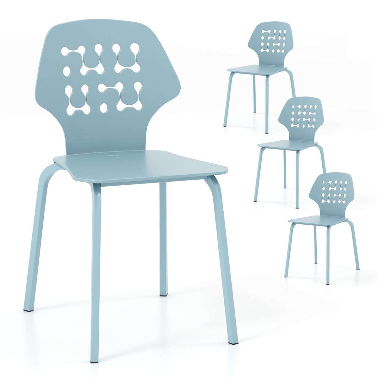 Set of 4 Metal Dining Chair with Hollowed Backrest and Metal Legs-Blue-Dining Chairs-DECOROLALA