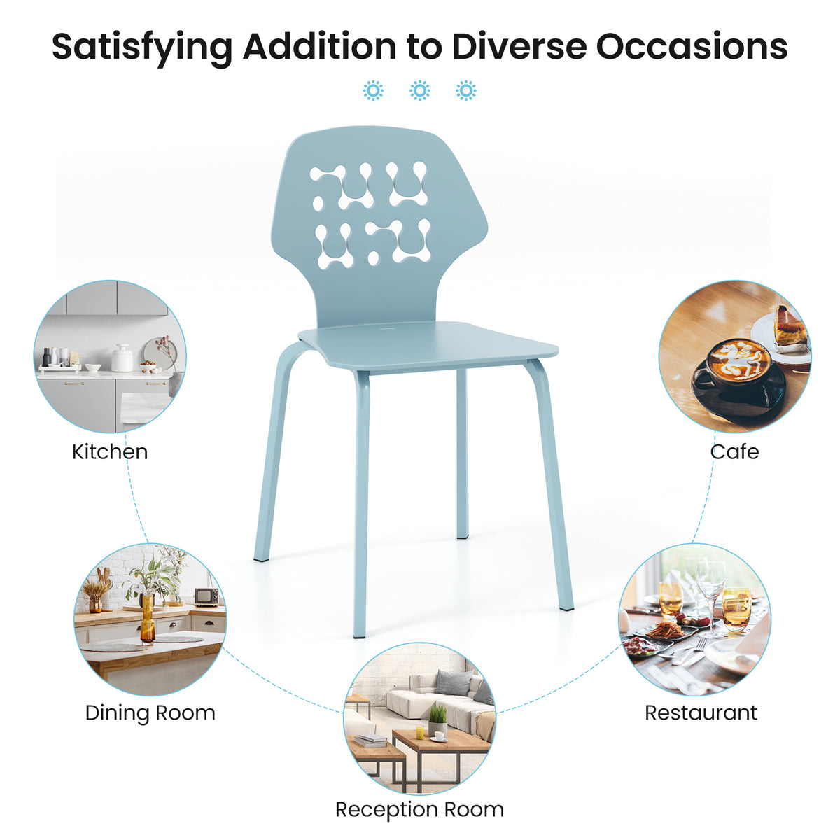 Set of 4 Metal Dining Chair with Hollowed Backrest and Metal Legs-Blue-Dining Chairs-DECOROLALA