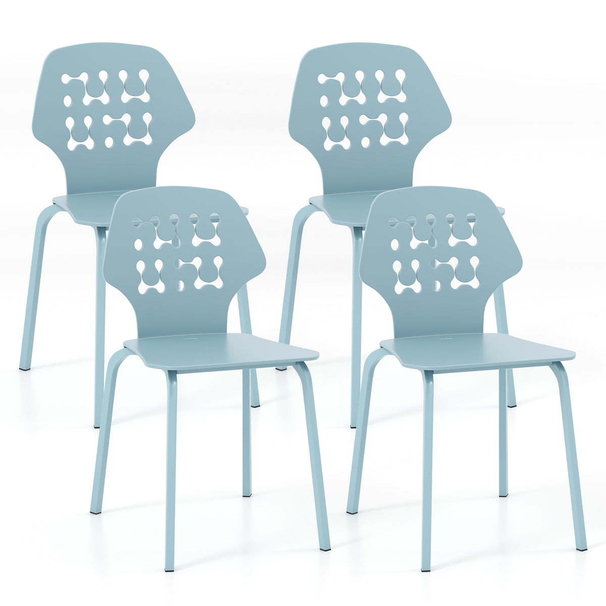 Set of 4 Metal Dining Chair with Hollowed Backrest and Metal Legs-Blue-Dining Chairs-DECOROLALA