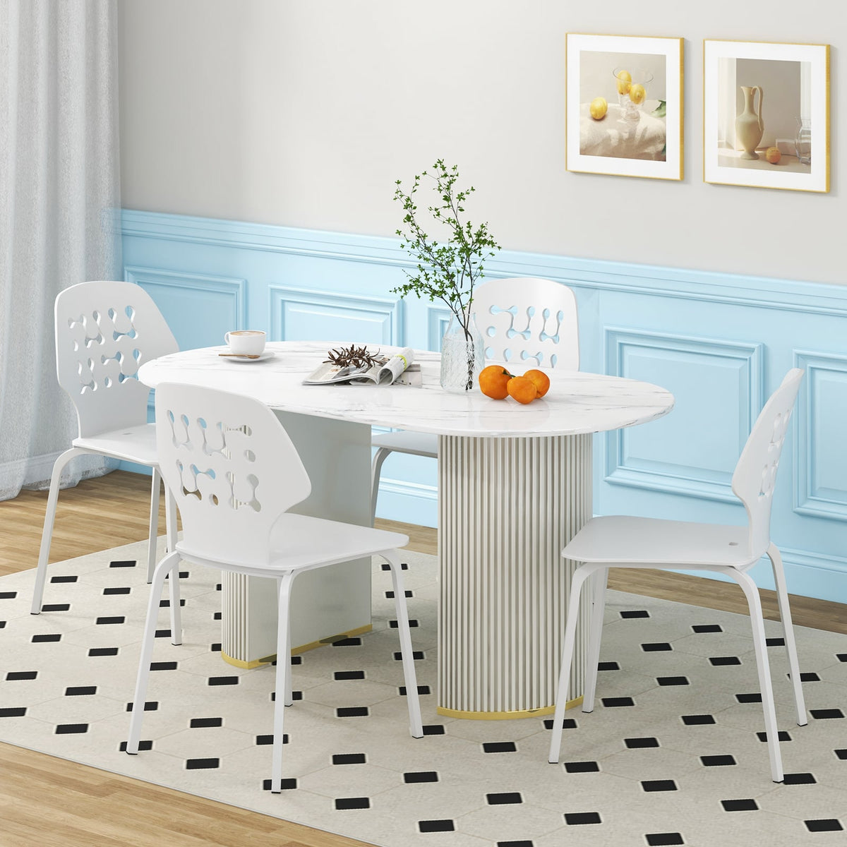 Set of 4 Metal Dining Chair with Hollowed Backrest and Metal Legs-White-Dining Chairs-DECOROLALA