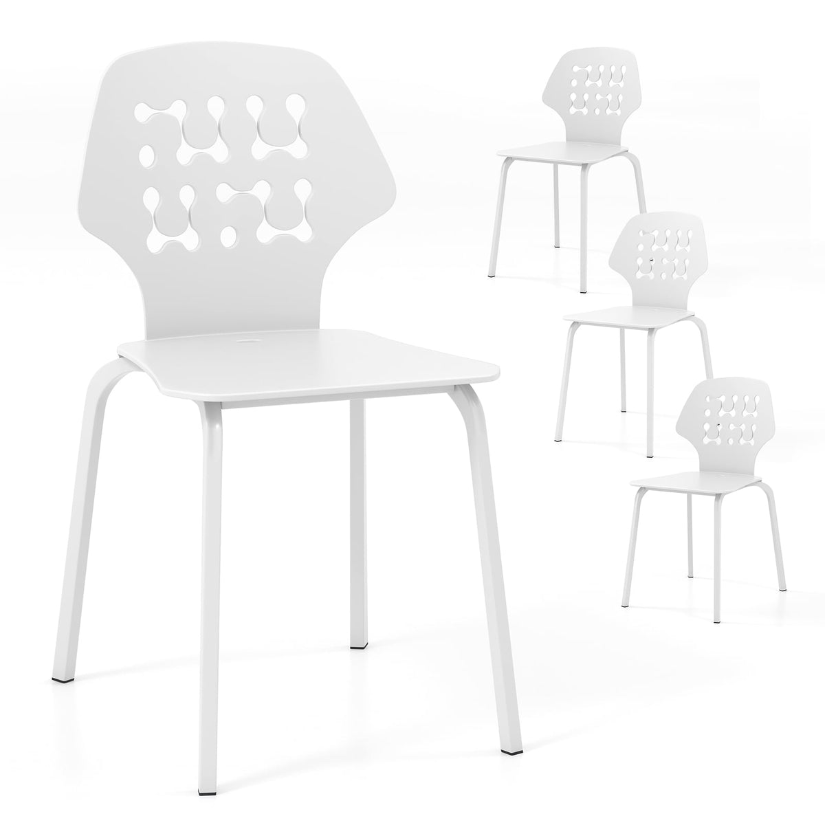 Set of 4 Metal Dining Chair with Hollowed Backrest and Metal Legs-White-Dining Chairs-DECOROLALA