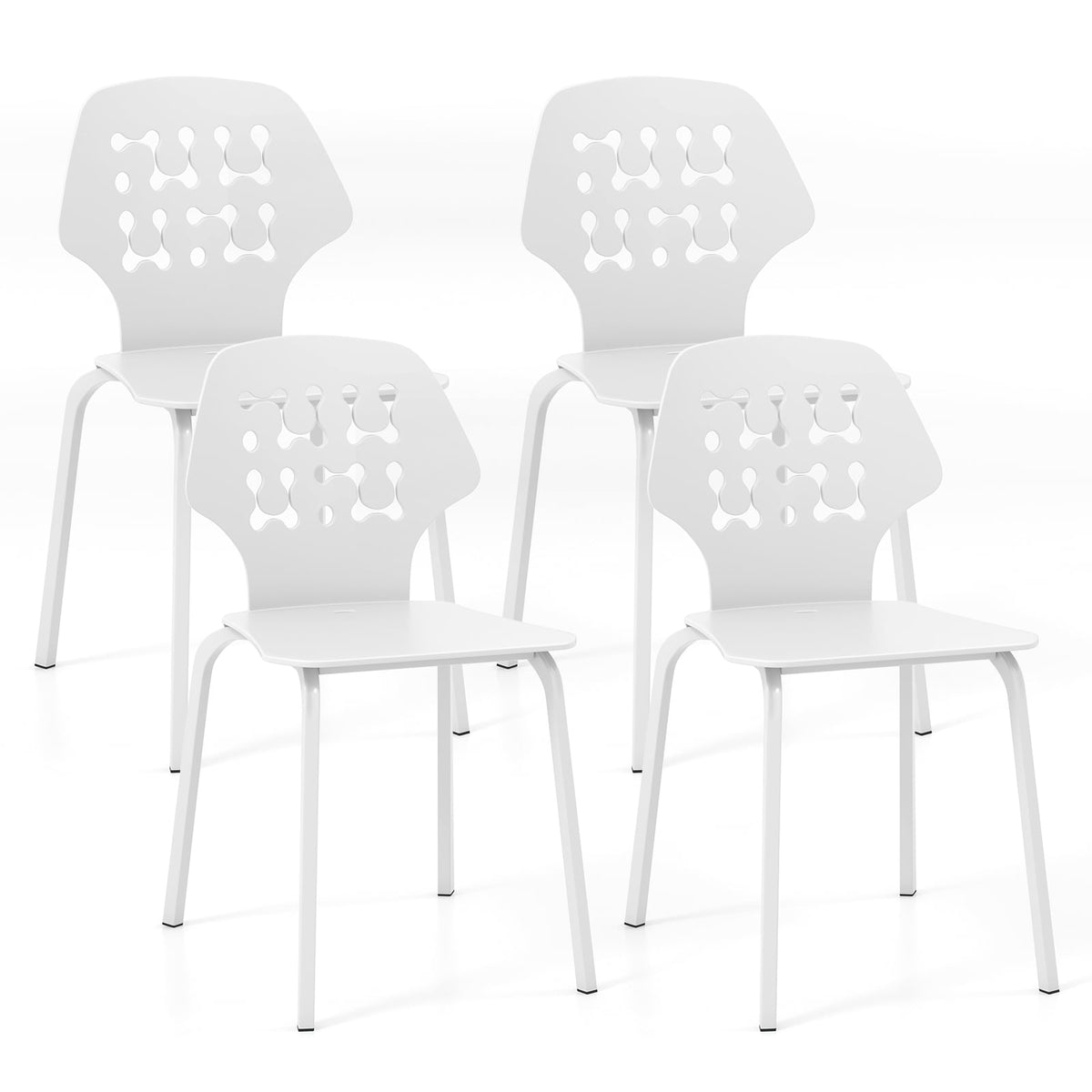 Set of 4 Metal Dining Chair with Hollowed Backrest and Metal Legs-White-Dining Chairs-DECOROLALA