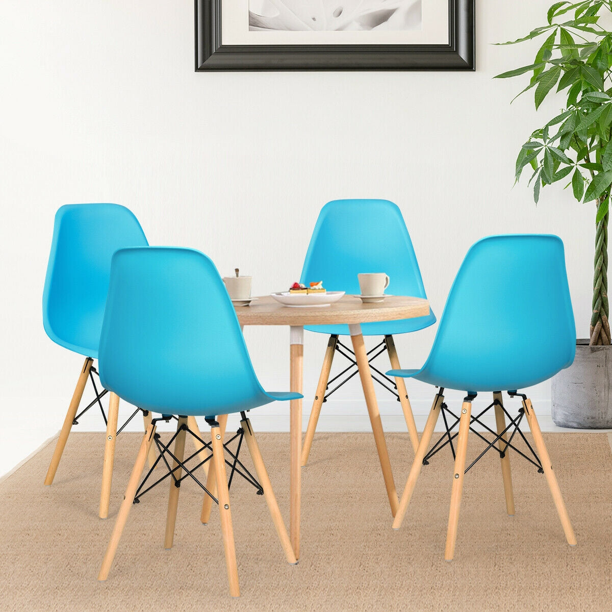 Set of 4 Mid Century Modern Dining Chairs with Wooden Legs-Blue-Dining Chairs-DECOROLALA