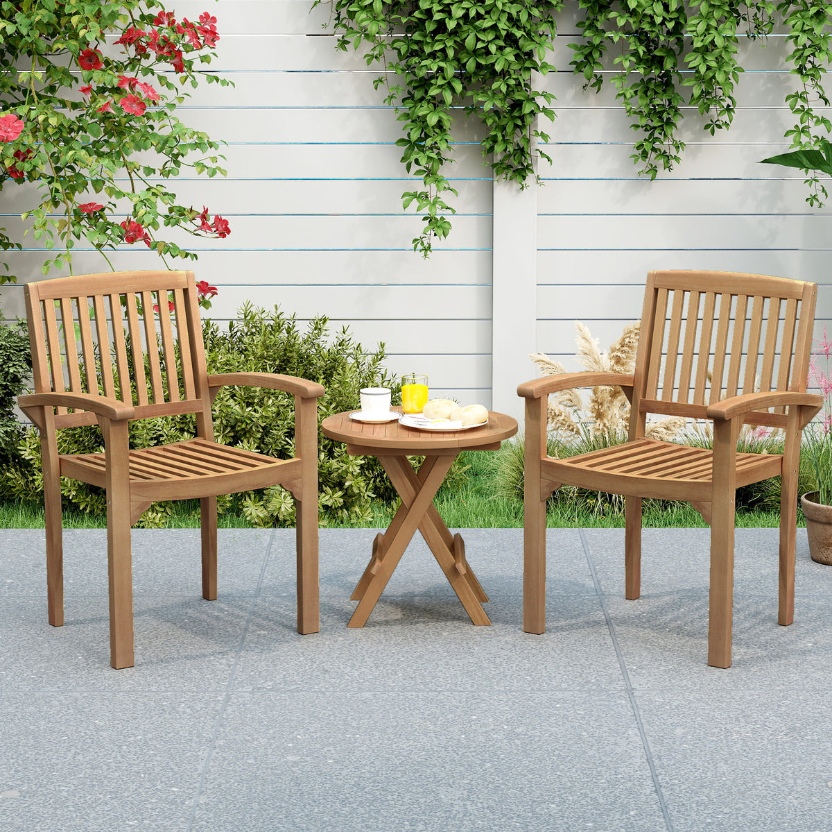 Set of 4 Outdoor Patio Chair with Slatted Seat and Curved Seat-Patio Dining Chairs-DECOROLALA