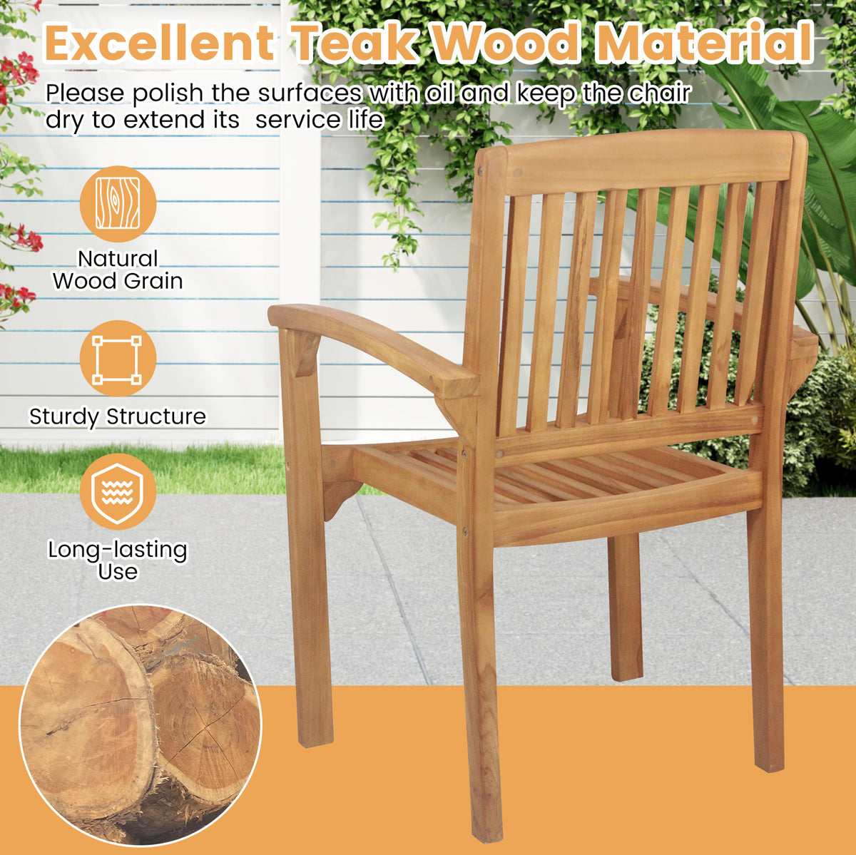 Set of 4 Outdoor Patio Chair with Slatted Seat and Curved Seat-Patio Dining Chairs-DECOROLALA