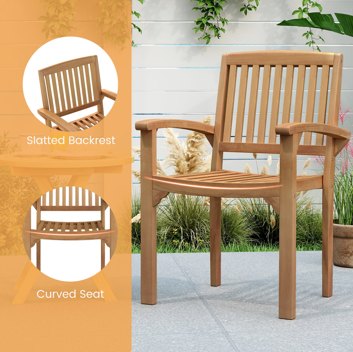 Set of 4 Outdoor Patio Chair with Slatted Seat and Curved Seat-Patio Dining Chairs-DECOROLALA
