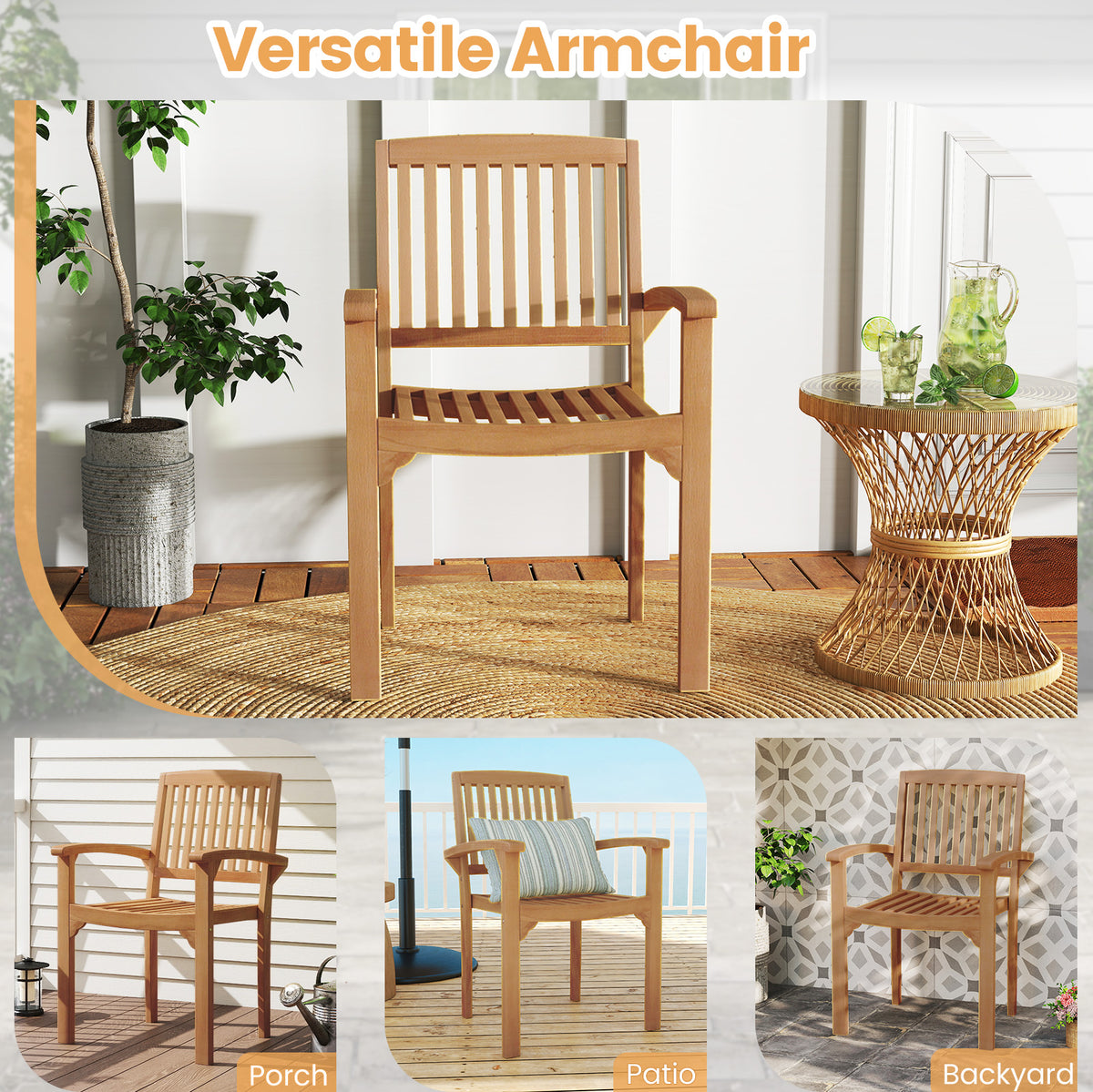 Set of 4 Outdoor Patio Chair with Slatted Seat and Curved Seat-Patio Dining Chairs-DECOROLALA