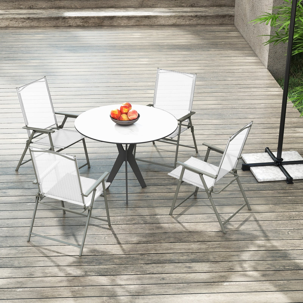 Set of 4 Patio Folding Chair Set with Rustproof Metal Frame-White-Beach & Lawn Chairs-DECOROLALA