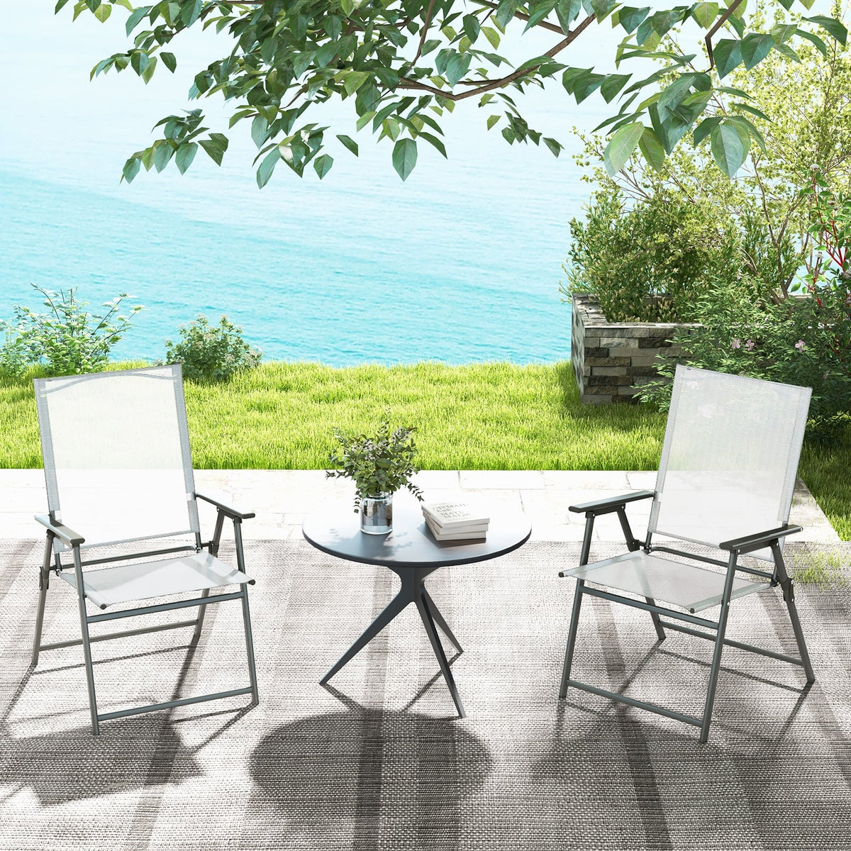 Set of 4 Patio Folding Chair Set with Rustproof Metal Frame-White-Beach & Lawn Chairs-DECOROLALA