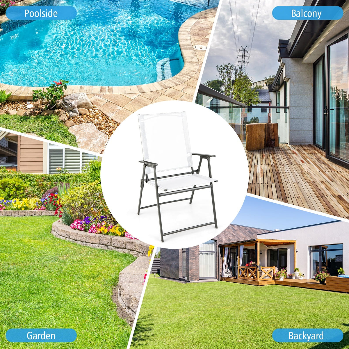 Set of 4 Patio Folding Chair Set with Rustproof Metal Frame-White-Beach & Lawn Chairs-DECOROLALA