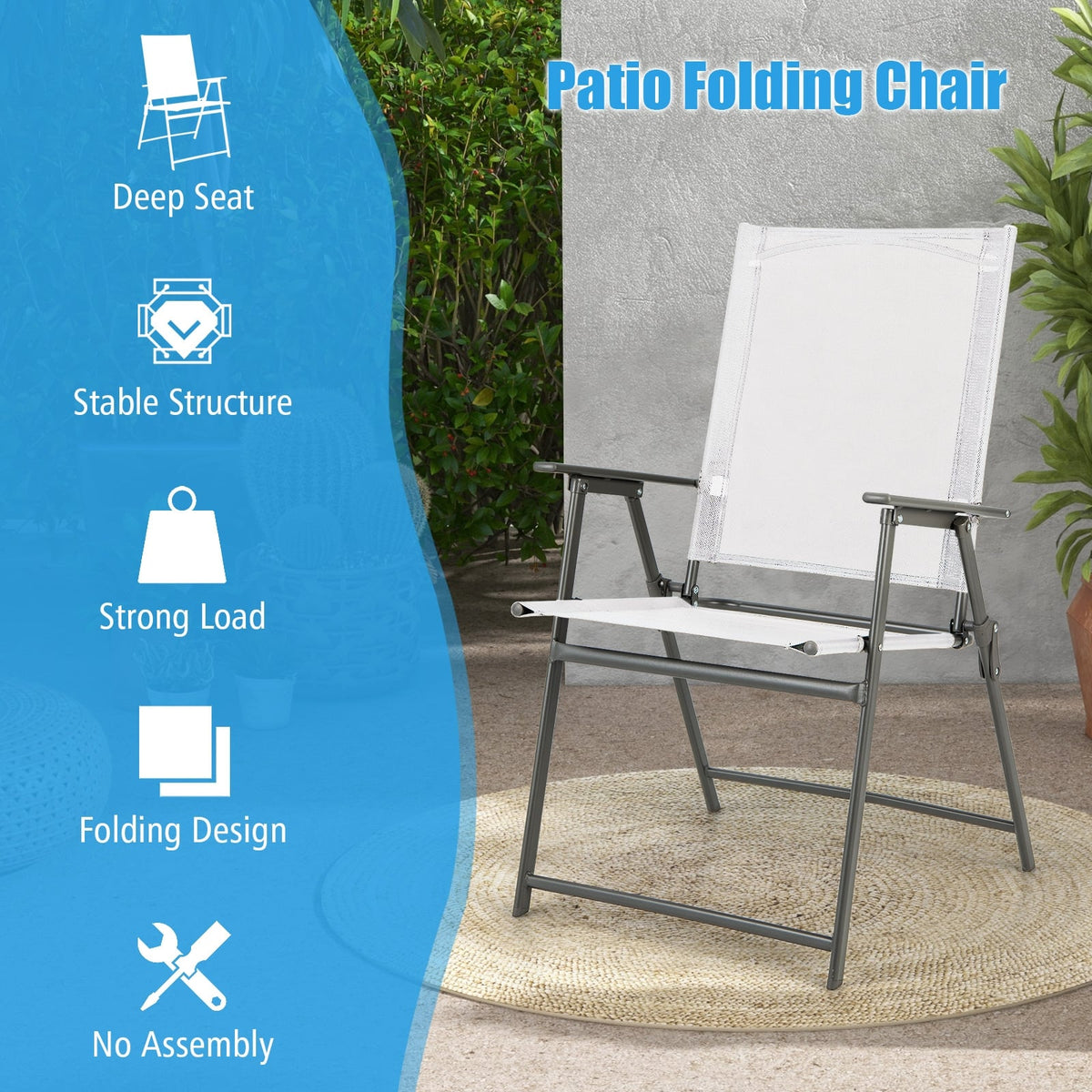 Set of 4 Patio Folding Chair Set with Rustproof Metal Frame-White-Beach & Lawn Chairs-DECOROLALA