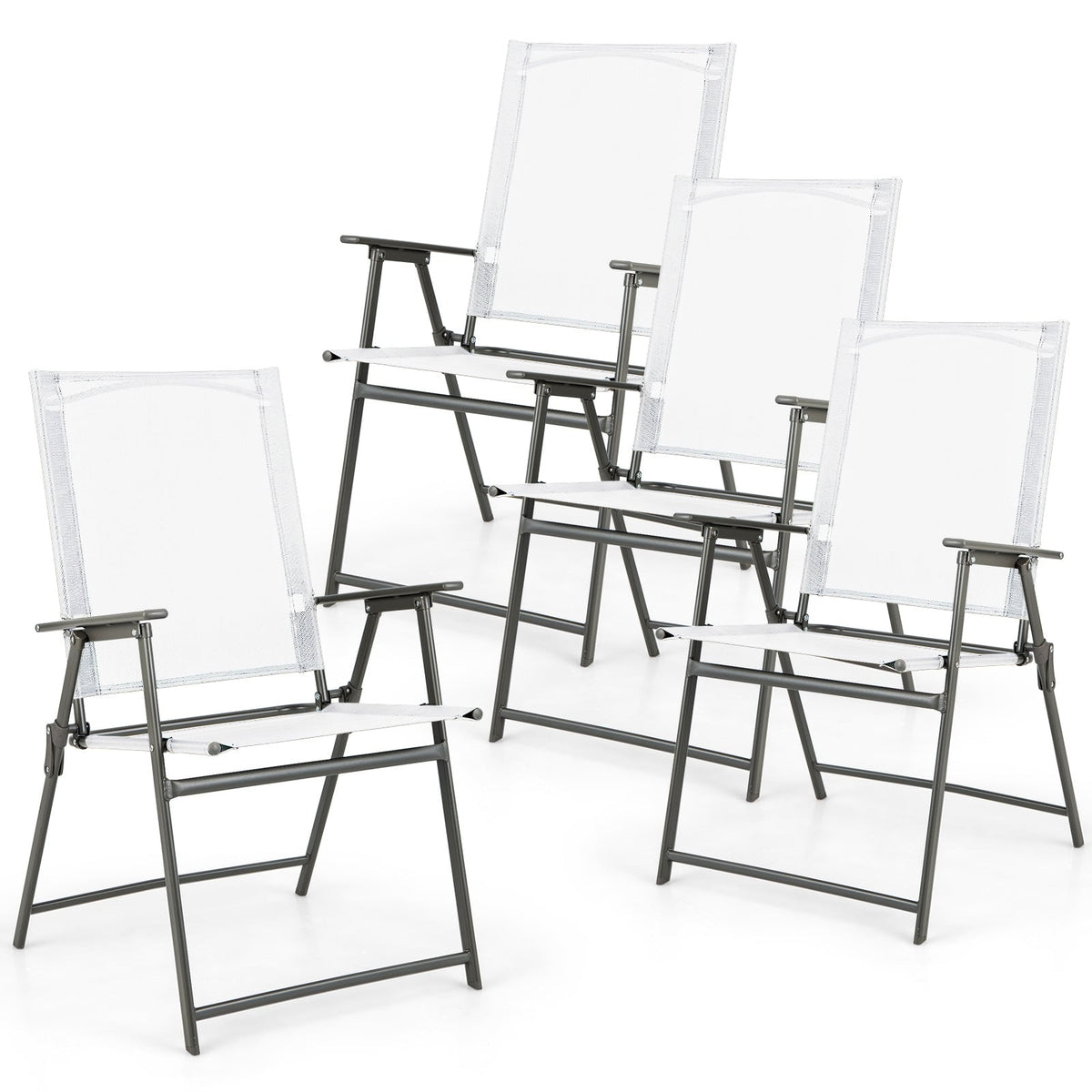 Set of 4 Patio Folding Chair Set with Rustproof Metal Frame-White-Beach & Lawn Chairs-DECOROLALA