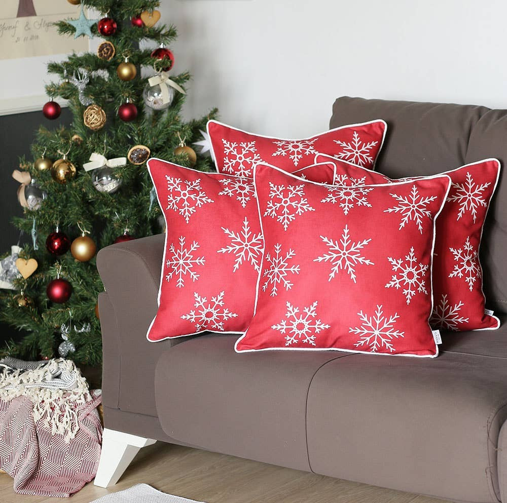 Set of 4 Red and White Snowflakes Throw Pillows-Accent Throw Pillows-DECOROLALA