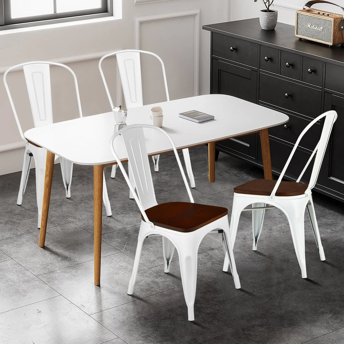 Set of 4 Tolix Style Metal Dining Wood Seat-White-Dining Chairs-DECOROLALA