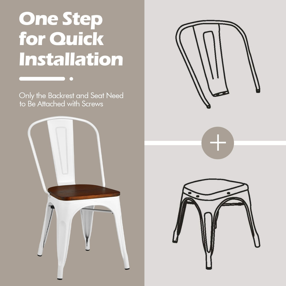 Set of 4 Tolix Style Metal Dining Wood Seat-White-Dining Chairs-DECOROLALA