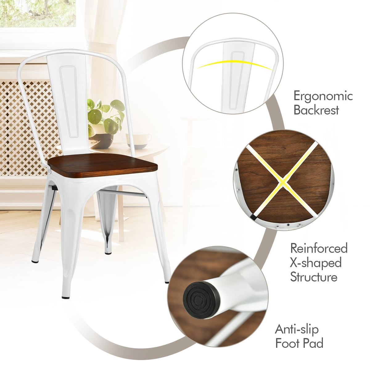 Set of 4 Tolix Style Metal Dining Wood Seat-White-Dining Chairs-DECOROLALA
