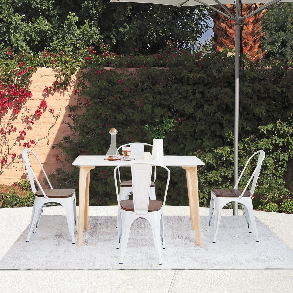 Set of 4 Tolix Style Metal Dining Wood Seat-White-Dining Chairs-DECOROLALA