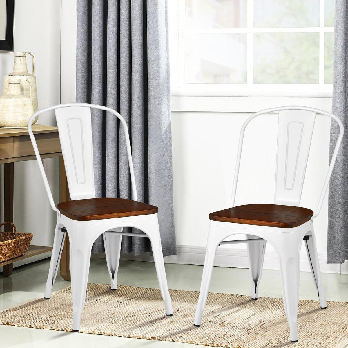 Set of 4 Tolix Style Metal Dining Wood Seat-White-Dining Chairs-DECOROLALA