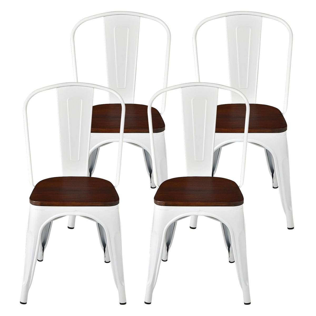 Set of 4 Tolix Style Metal Dining Wood Seat-White-Dining Chairs-DECOROLALA