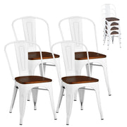 Set of 4 Tolix Style Metal Dining Wood Seat-White-Dining Chairs-DECOROLALA