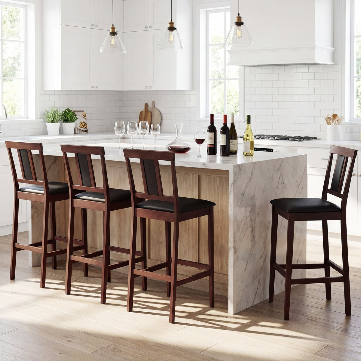 Set of 4 Upholstered Barstool 29.5 Inch Bar Height with Solid Rubber Wood Frame-Walnut-Bar Stools-DECOROLALA