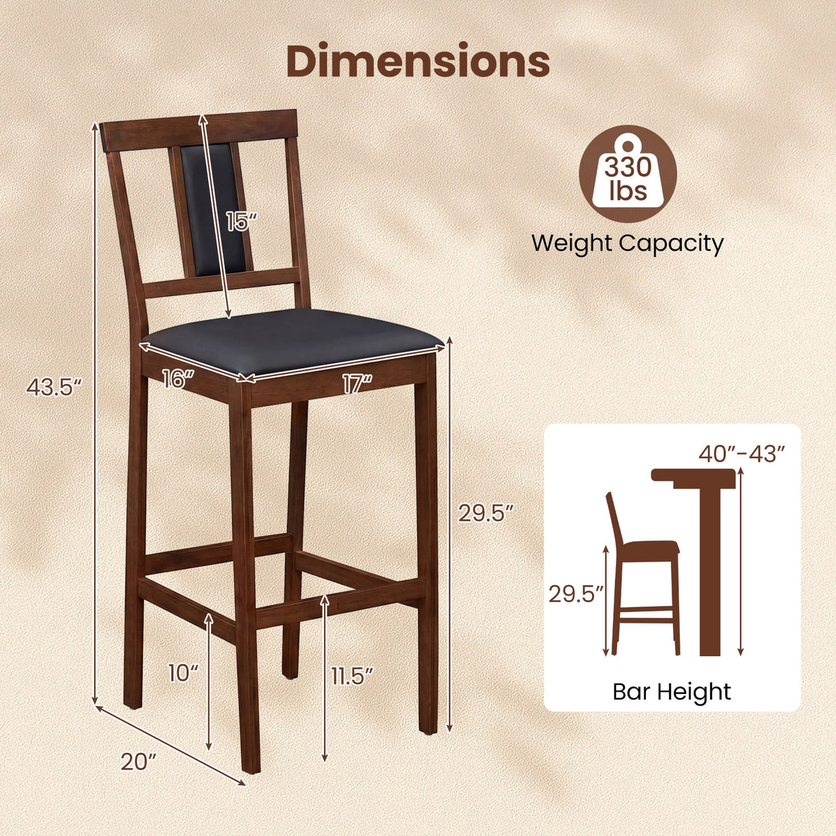 Set of 4 Upholstered Barstool 29.5 Inch Bar Height with Solid Rubber Wood Frame-Walnut-Bar Stools-DECOROLALA