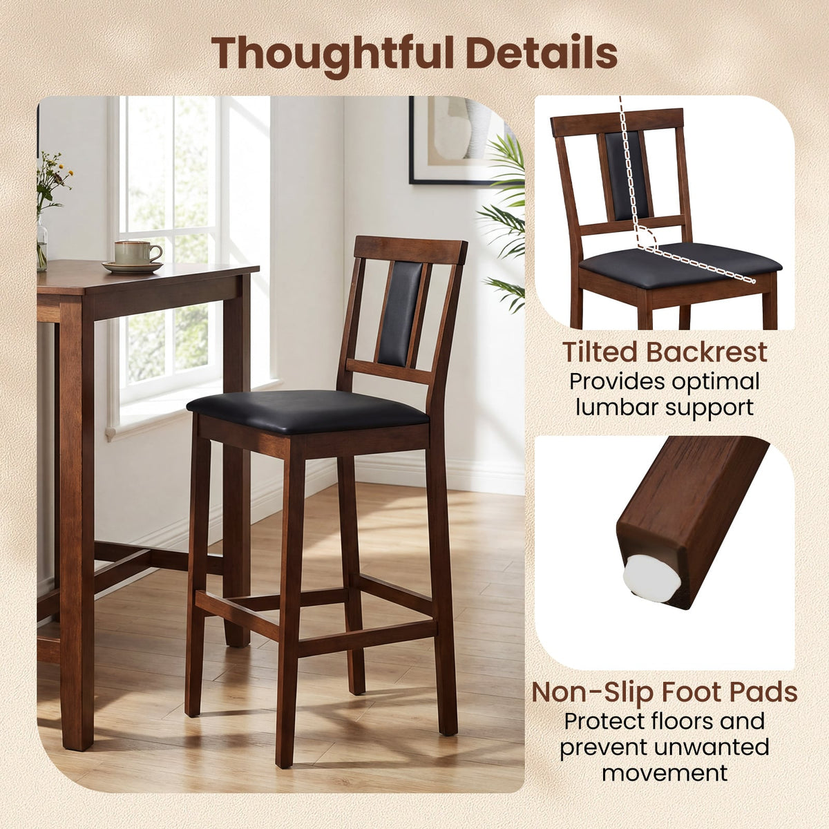 Set of 4 Upholstered Barstool 29.5 Inch Bar Height with Solid Rubber Wood Frame-Walnut-Bar Stools-DECOROLALA