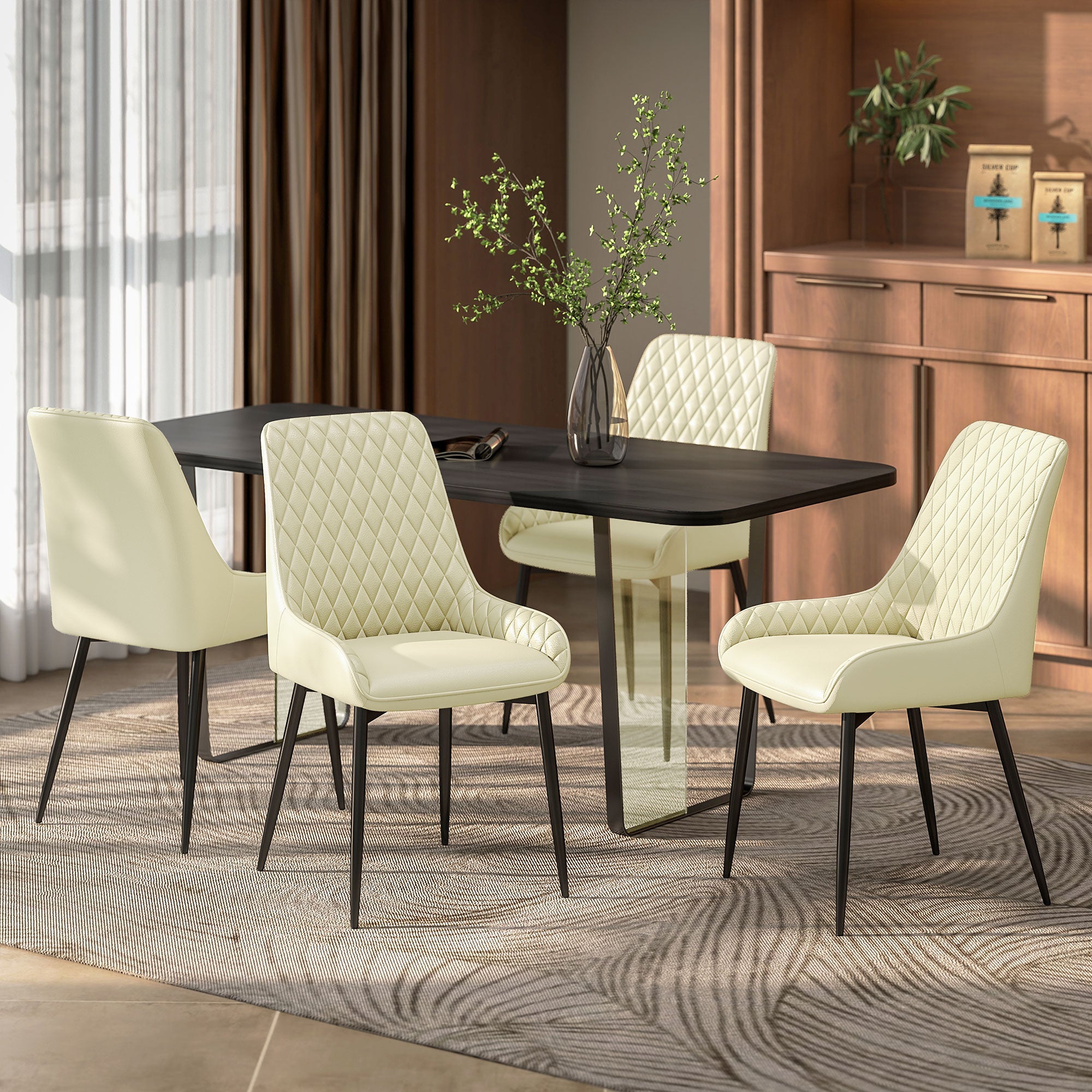 Set of 4 Upholstered Dining Chairs - Cream White Tufted-DECOROLALA