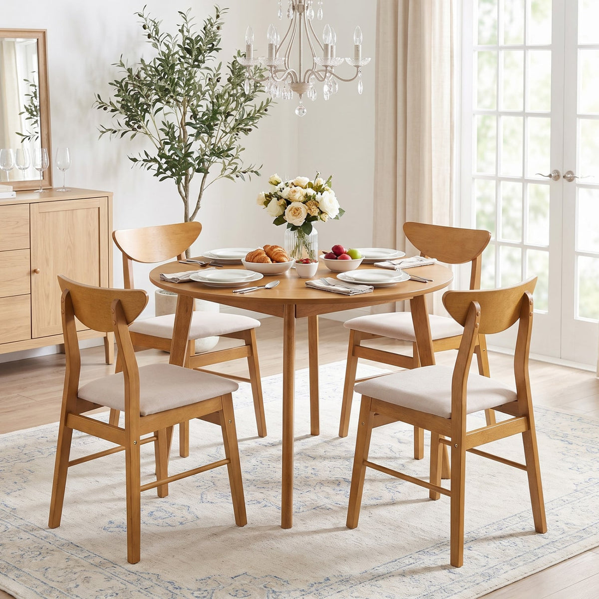 Set of 4 Upholstered Dining Chairs with Curved Backrest and Rubber Wood Frame-Natural-Dining Chairs-DECOROLALA