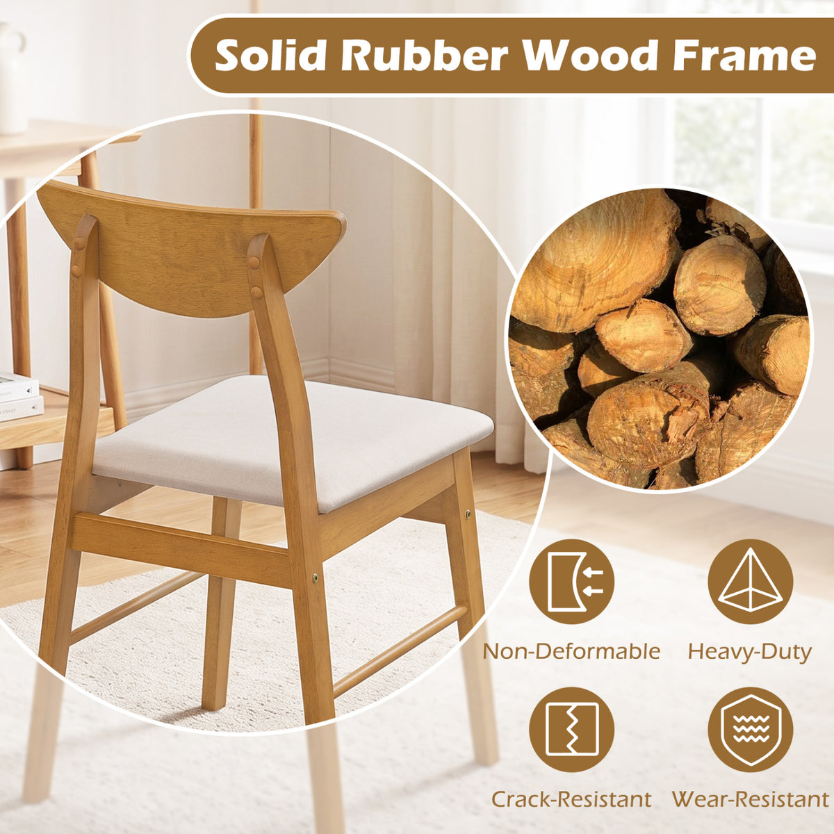Set of 4 Upholstered Dining Chairs with Curved Backrest and Rubber Wood Frame-Natural-Dining Chairs-DECOROLALA