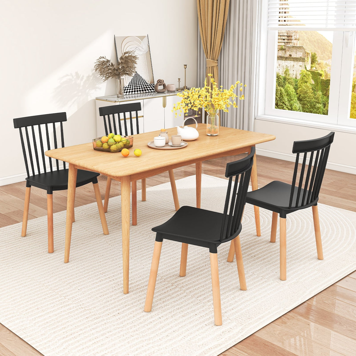Set of 4 Windsor Dining Chairs with Spindle Backs and Curved Seats-Black-Dining Chairs-DECOROLALA
