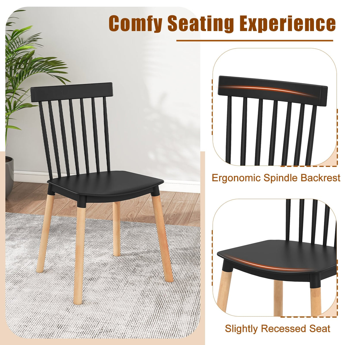 Set of 4 Windsor Dining Chairs with Spindle Backs and Curved Seats-Black-Dining Chairs-DECOROLALA