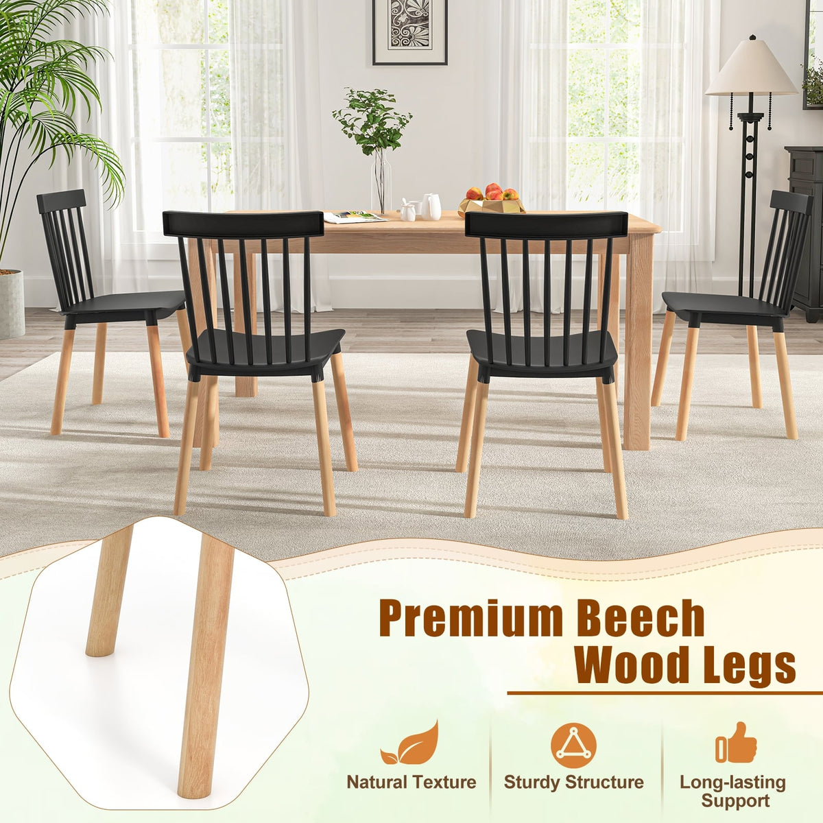 Set of 4 Windsor Dining Chairs with Spindle Backs and Curved Seats-Black-Dining Chairs-DECOROLALA