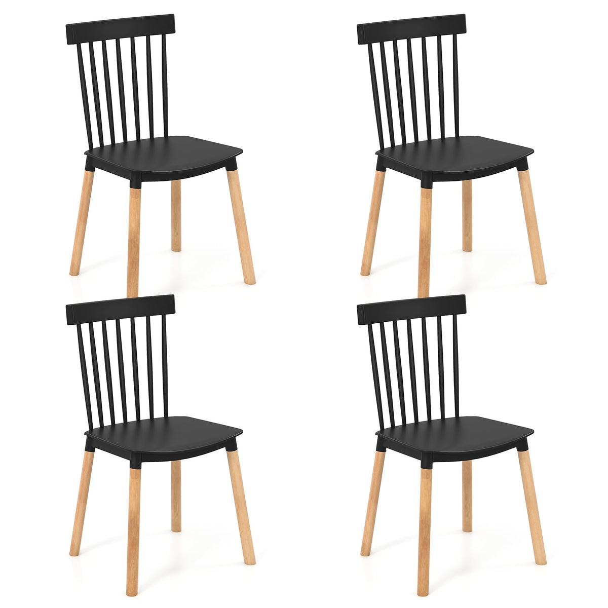 Set of 4 Windsor Dining Chairs with Spindle Backs and Curved Seats-Black-Dining Chairs-DECOROLALA
