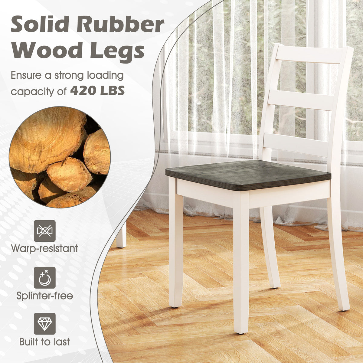 Set of 4 Wood Dining Chairs with Solid Rubber Wood Legs-Gray-Dining Chairs-DECOROLALA