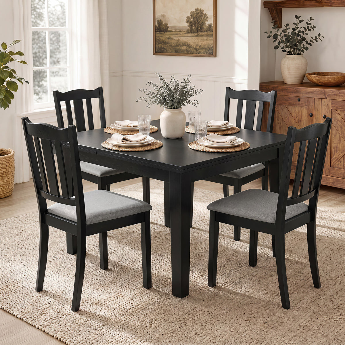 Set of 4 Wooden Dining Chair with Hollow Back and Soft-padded Cushion-Black-Dining Chairs-DECOROLALA