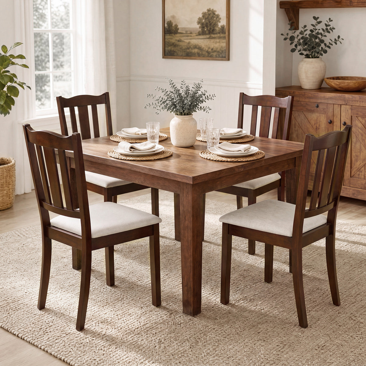 Set of 4 Wooden Dining Chair with Hollow Back and Soft-padded Cushion-Walnut-Dining Chairs-DECOROLALA