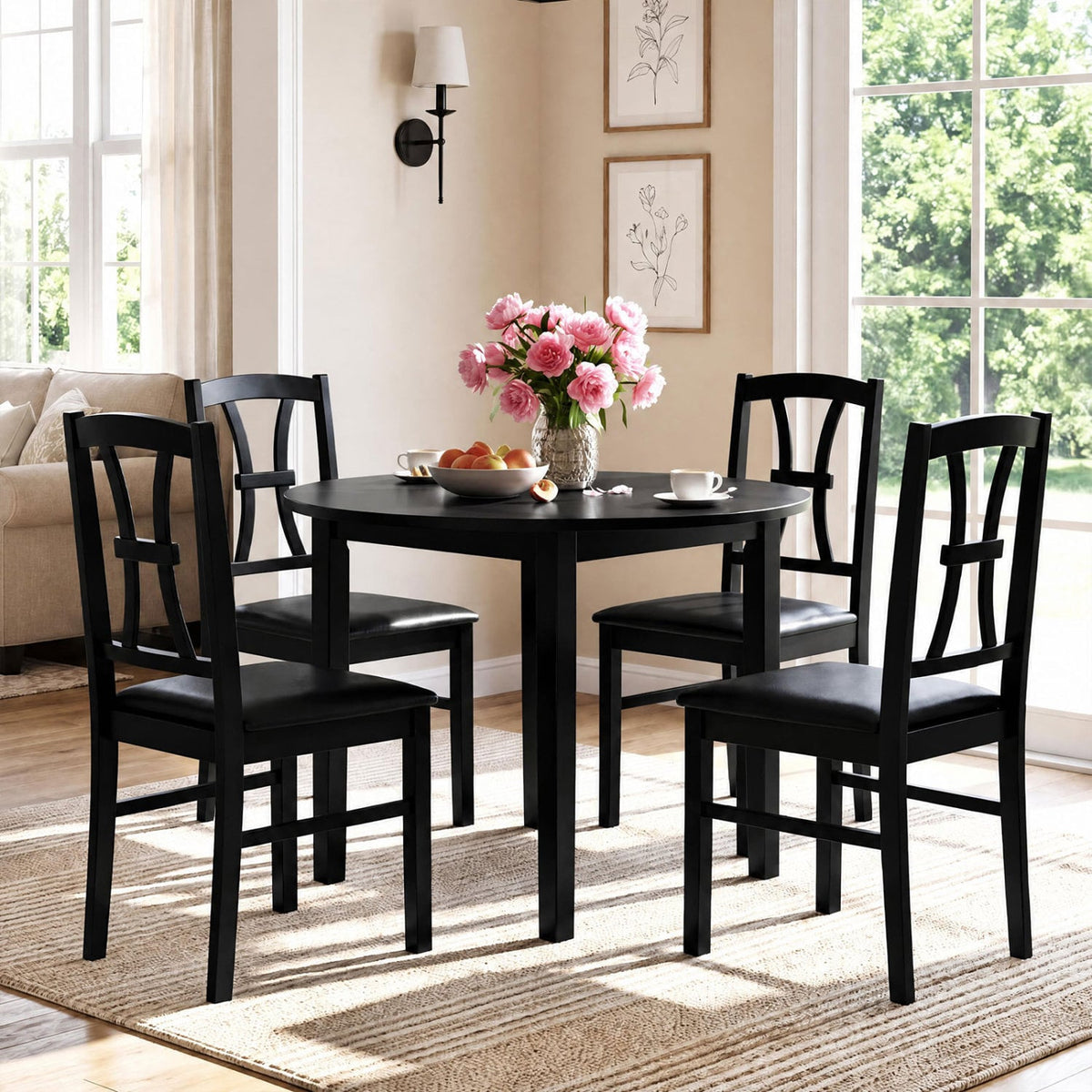 Set of 4 Wooden Dining Chairs with Faux Leather Padded Seat for Kitchen-Black-Dining Chairs-DECOROLALA