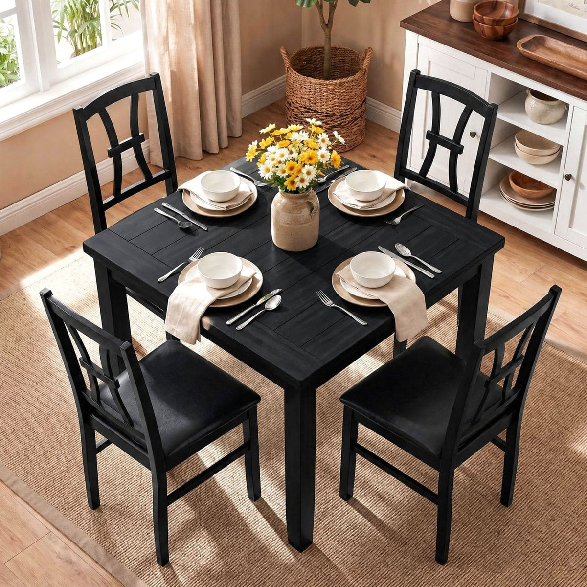 Set of 4 Wooden Dining Chairs with Faux Leather Padded Seat for Kitchen-Black-Dining Chairs-DECOROLALA