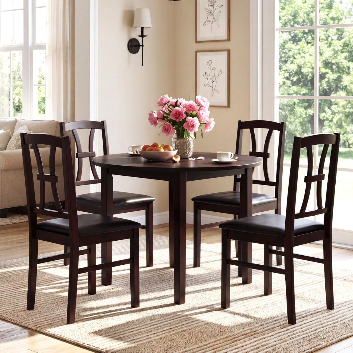 Set of 4 Wooden Dining Chairs with Faux Leather Padded Seat for Kitchen-Brown-Dining Chairs-DECOROLALA