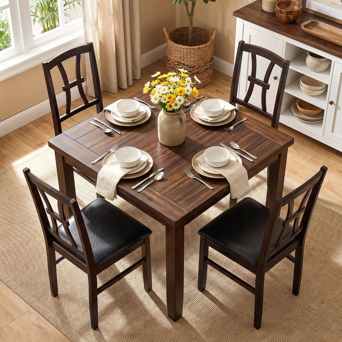 Set of 4 Wooden Dining Chairs with Faux Leather Padded Seat for Kitchen-Brown-Dining Chairs-DECOROLALA